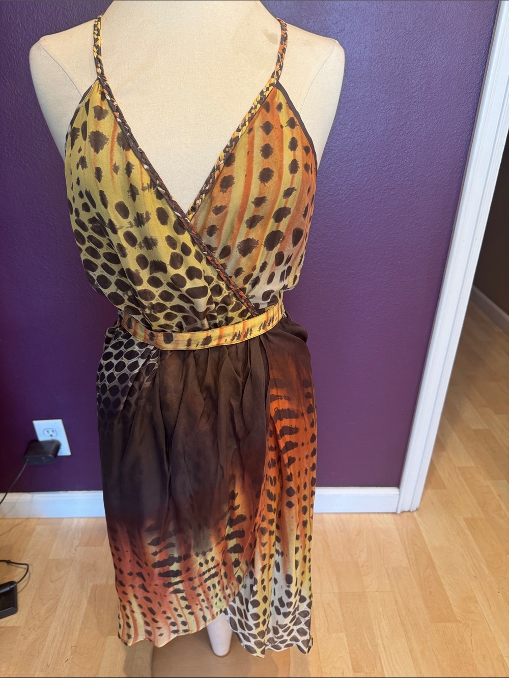charlie jade Gold and Brown Animal-Print Wrap Midi Dress